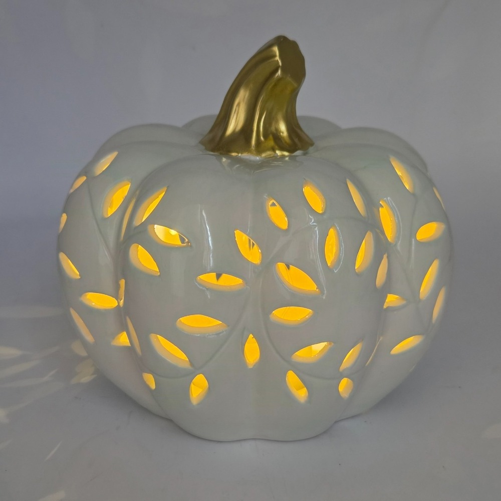 Ceramic‎ White Pumpkin with Gold Stem Battery Light Up Halloween Thanksgiving